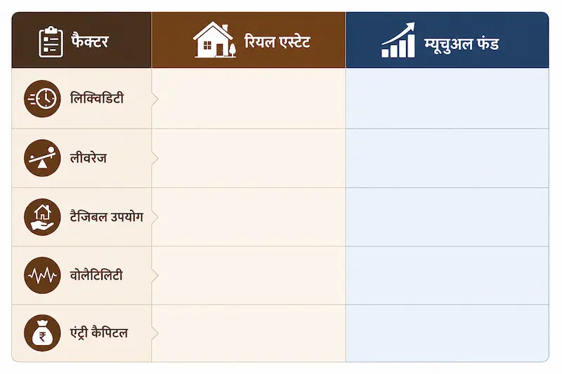 Real Estate vs Mutual Funds comparison table infographic जिसमें liquidity, leverage, tangible use, volatility और entry capital की तुलना दिखाई गई है