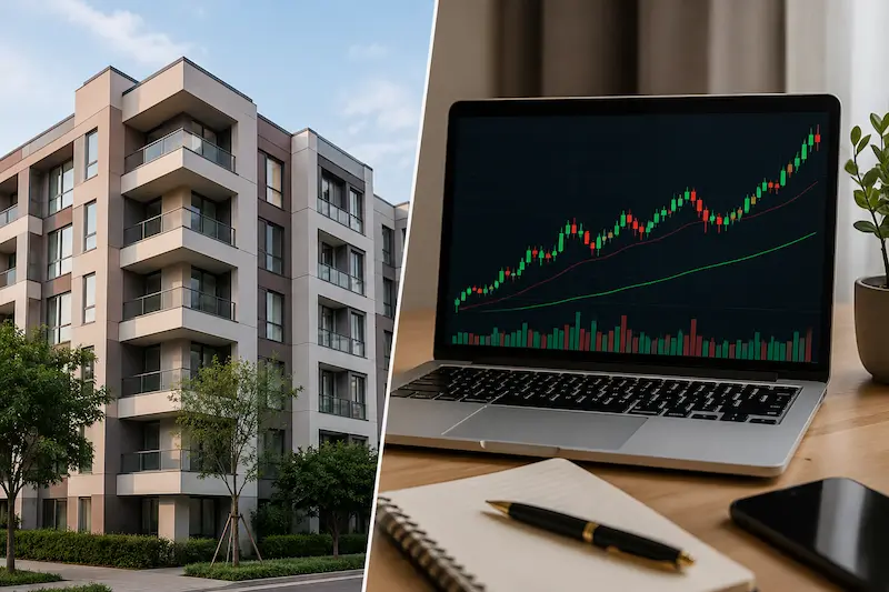 रियल एस्टेट और Stock Market Investment की तुलना दिखाती स्प्लिट इमेज