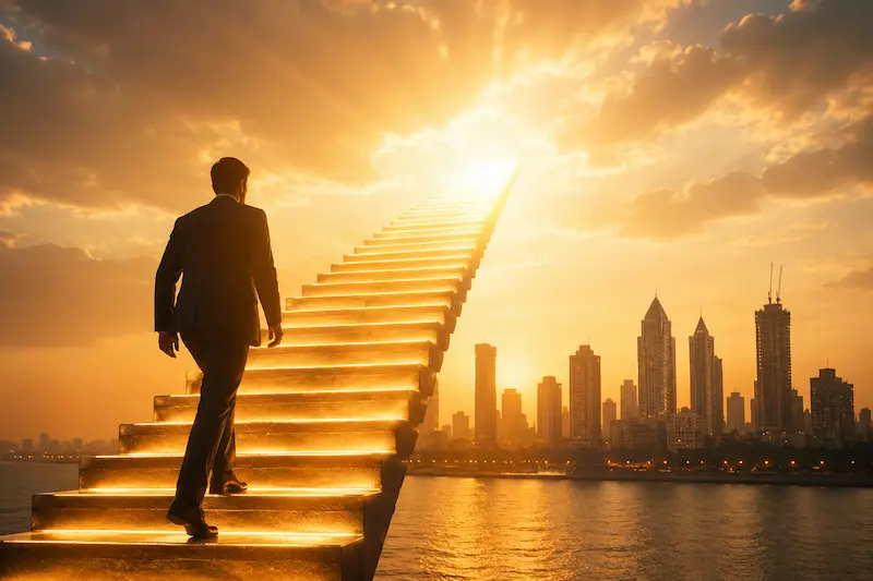 Step-up investment growth journey को दर्शाती रोशनी की सीढ़ियाँ और मुंबई स्काईलाइन का प्रेरणादायक दृश्य
