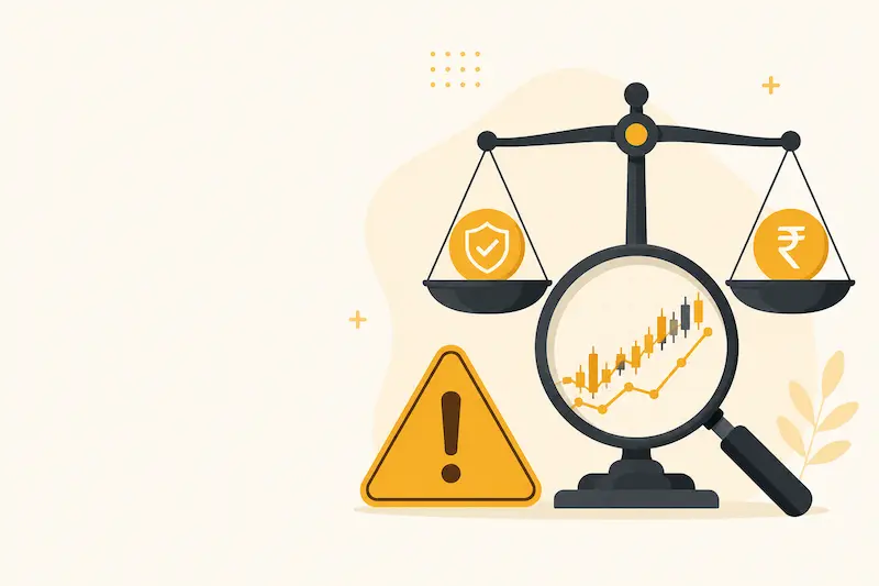 Stock analysis के लिए magnifying glass और caution icon वाला वित्तीय इन्फोग्राफिक