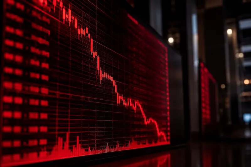 लाल stock market ticker display में तेज गिरावट दिखाता financial market crash