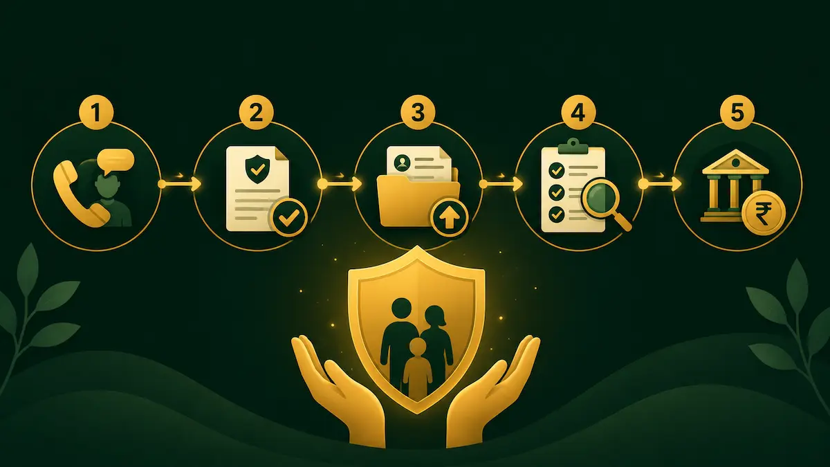 Term Insurance Claim Process के स्टेप्स दिखाती हुई फ्लैट वेक्टर इलस्ट्रेशन जिसमें कॉल, डॉक्यूमेंट, फोल्डर, वेरिफिकेशन और क्लेम पेआउट आइकन शामिल हैं।