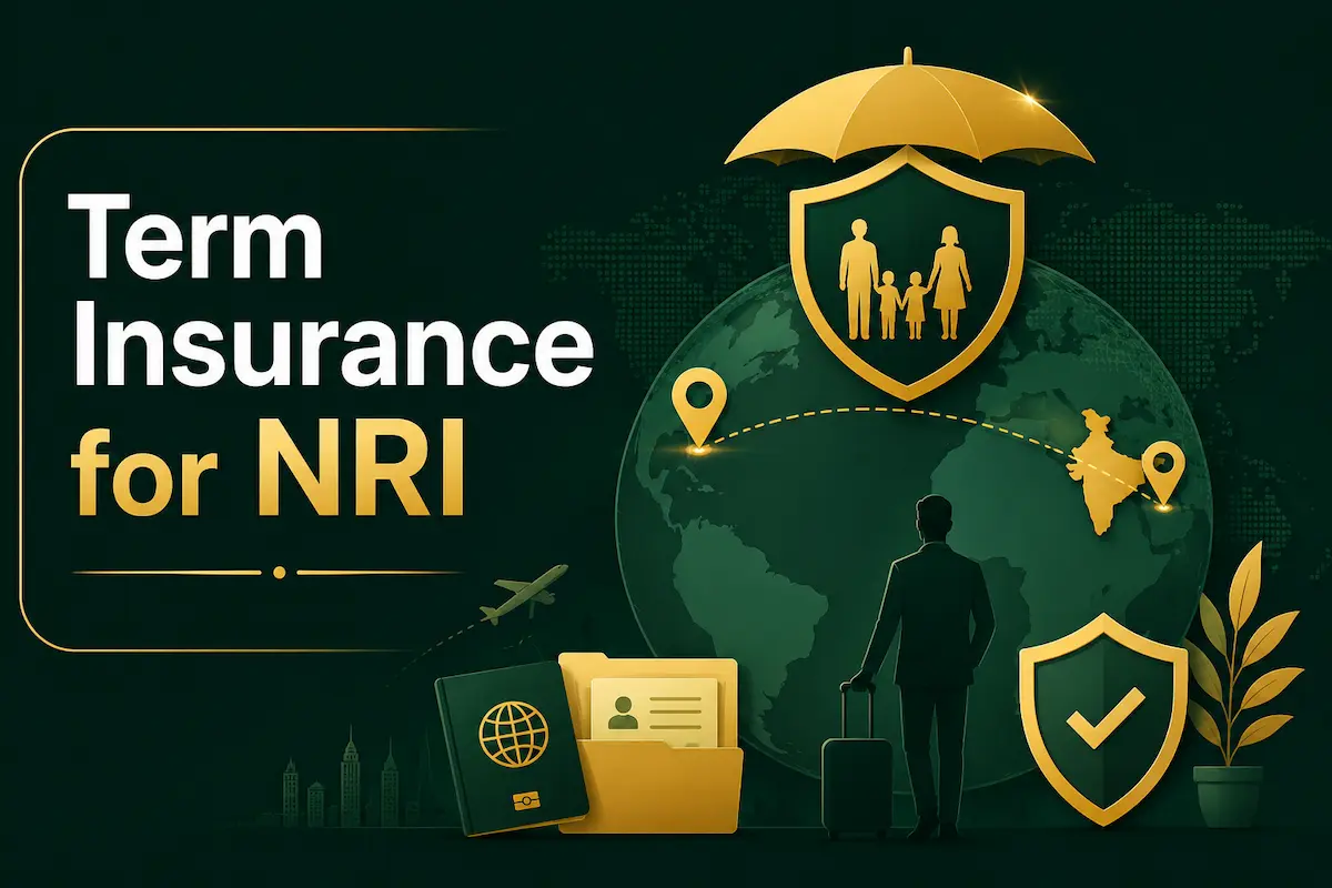 Term Insurance for NRI को दर्शाता हुआ इलस्ट्रेशन, जिसमें ग्लोब, पासपोर्ट, शील्ड और भारत से जुड़ा सुरक्षा कवरेज दिखाया गया है।