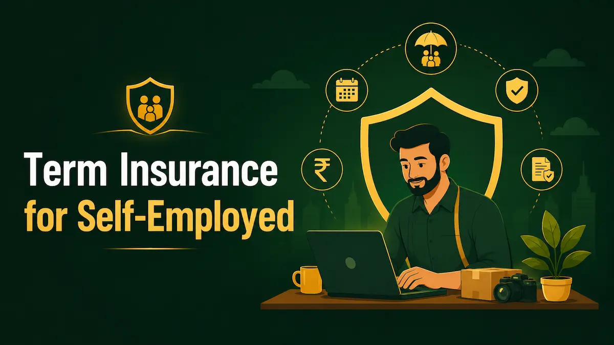 Self-employed व्यक्ति के लिए Term Insurance को दर्शाती फ्लैट इलस्ट्रेशन, जिसमें लैपटॉप पर काम करता प्रोफेशनल और सुरक्षा का शील्ड आइकन दिखाया गया है।