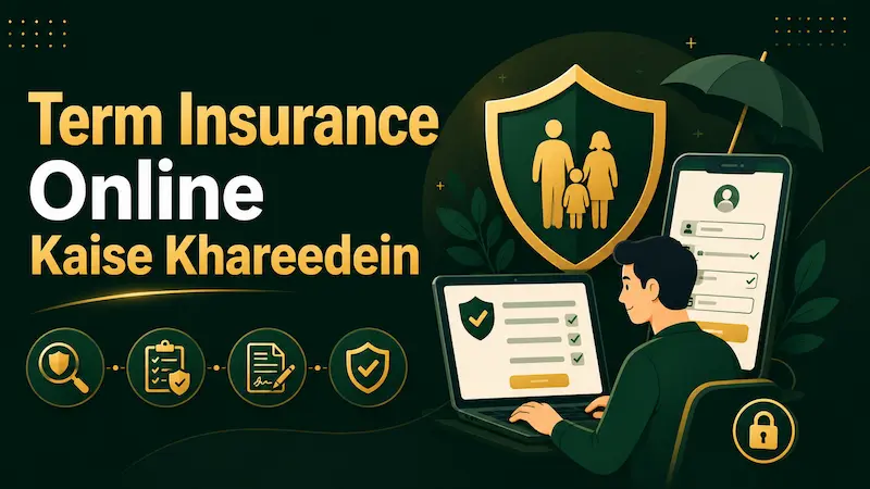 लैपटॉप और मोबाइल पर ऑनलाइन Term Insurance खरीदने की प्रक्रिया को दर्शाता शील्ड और डिजिटल फॉर्म वाला इलस्ट्रेशन