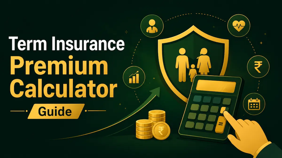 Term Insurance Premium Calculator Guide को दर्शाता कैलकुलेटर, परिवार सुरक्षा शील्ड और प्रीमियम कैलकुलेशन का इलस्ट्रेशन।