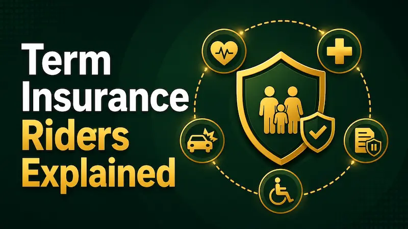 Term Insurance Riders Explained – विभिन्न टर्म इंश्योरेंस राइडर्स और अतिरिक्त सुरक्षा विकल्प दिखाता हुआ इलस्ट्रेशन।