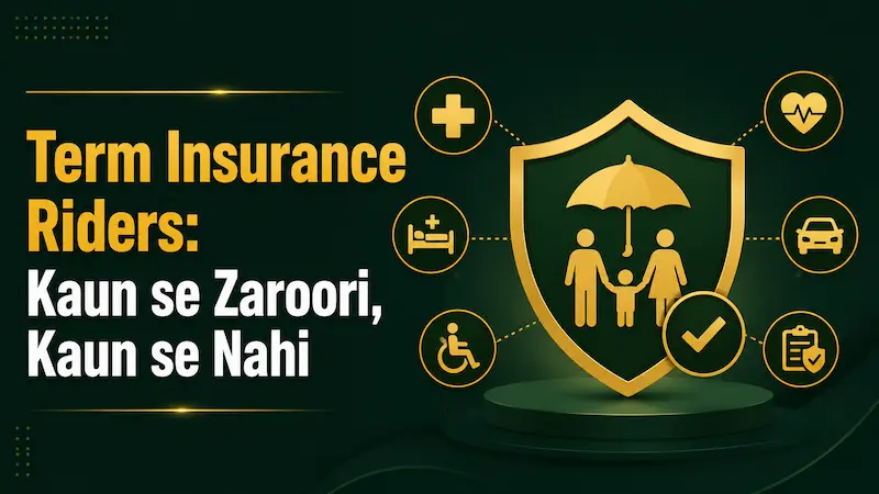 Term Insurance Riders में ज़रूरी और गैर-ज़रूरी Riders की तुलना दिखाती हुई शील्ड और प्रोटेक्शन आइकन वाली इलस्ट्रेशन