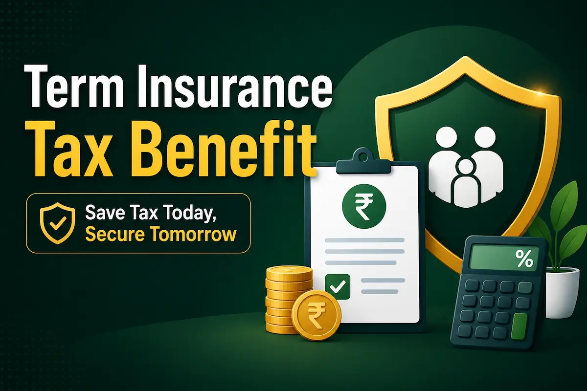 Term Insurance Tax Benefit को दर्शाता शील्ड, टैक्स डॉक्यूमेंट, कैलकुलेटर और रुपये के सिक्कों का इलस्ट्रेशन