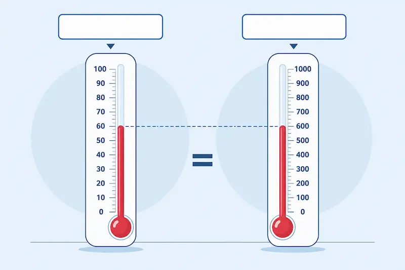 Two thermometers with different scales showing the same value in different measurement systems infographic