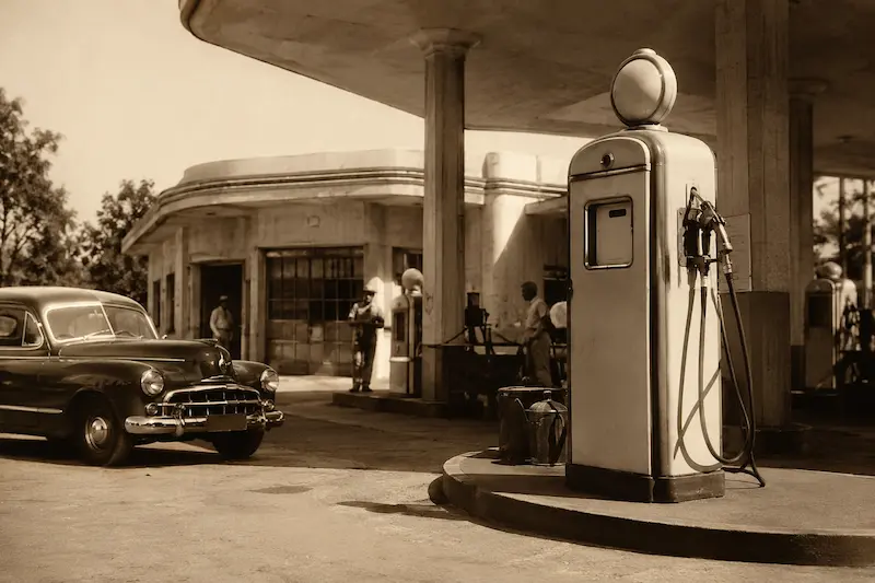 Vintage 1950s Indian petrol pump station with old-style fuel dispenser in sepia editorial photograph