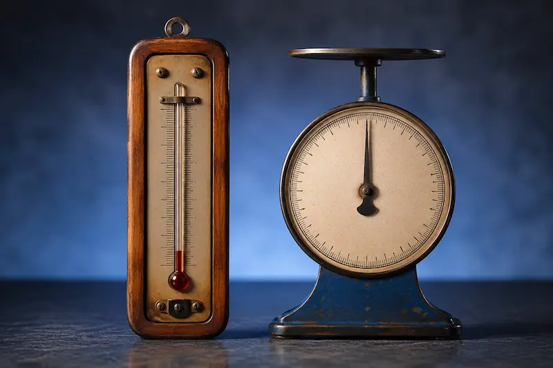 Vintage measuring scales and thermometers comparing two different measurement system