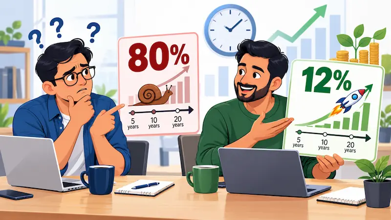 Absolute Return Aur CAGR Mein Fark — Seedha Jawab Absolute Return vs CAGR example in Hindi showing 80 percent vs 12 percent return comparison