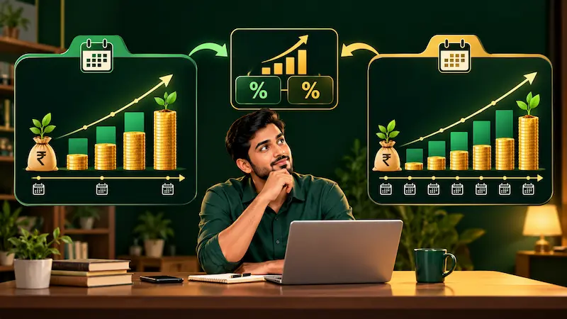 CAGR Kya Hota Hai Simple Bhasha Mein? Ek Example Se CAGR से अलग-अलग अवधि वाले investments की तुलना करती भारतीय investor illustration