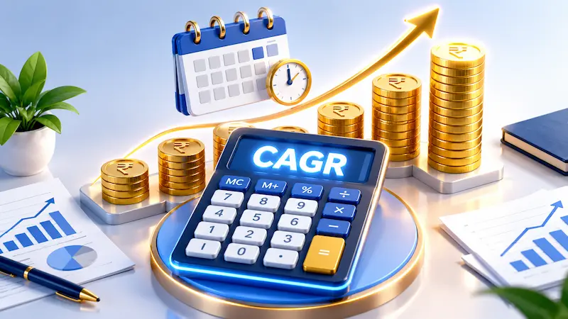 Absolute Return Aur CAGR Mein Fark — Seedha Jawab CAGR calculator concept showing the impact of time and compounding on mutual fund returns