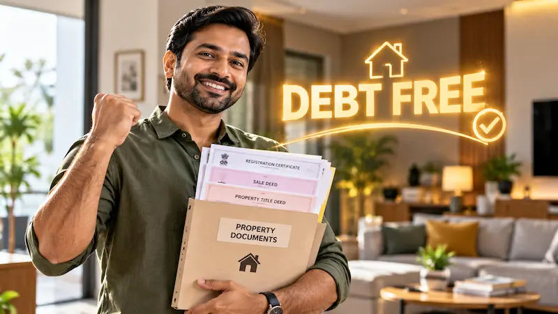 Happy Indian man holding original property papers after full home loan prepayment and foreclosure