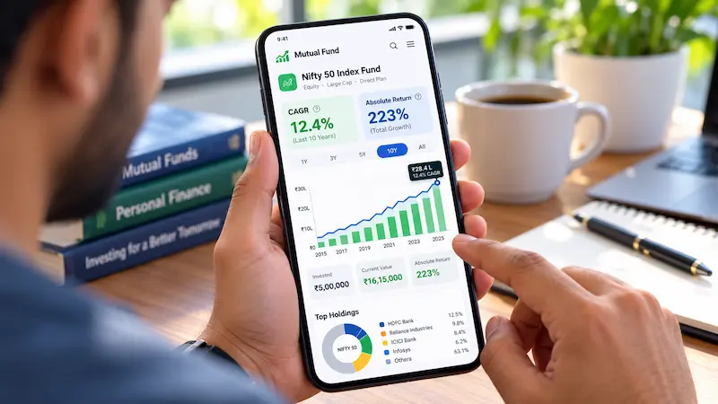Absolute Return Aur CAGR Mein Fark — Seedha Jawab Mutual fund app screen showing absolute return and CAGR performance metrics dashboard