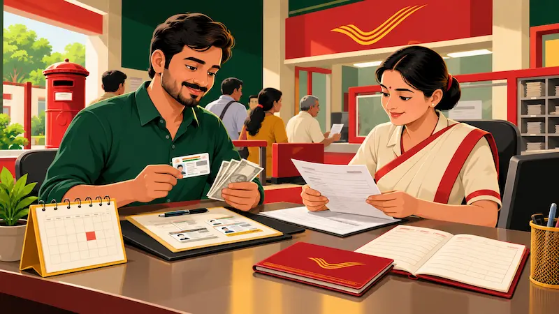 RD Account Kaise Khole Post Office Mein – फॉर्म और KYC दस्तावेज जमा करते हुए व्यक्ति